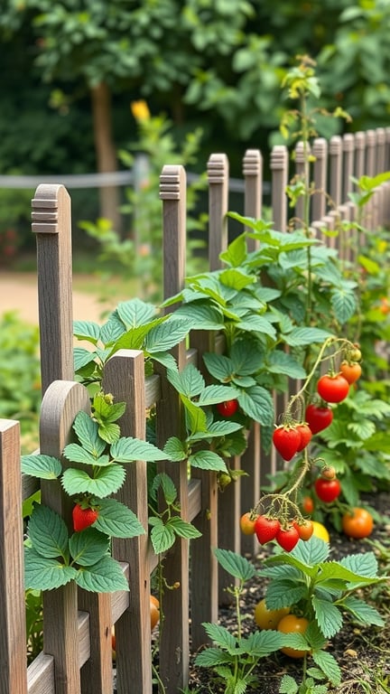 A wooden fence with strawberry and tomato plants growing alongside it.