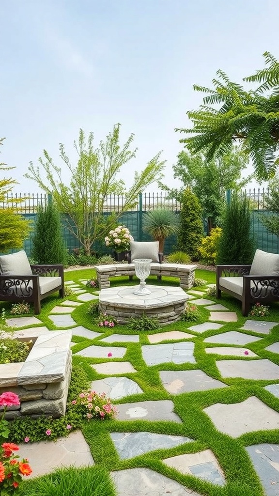 A cozy backyard seating area featuring stone seating surrounded by greenery and flowers.