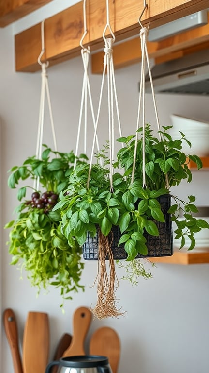 Hanging herb planters with lush green herbs in a kitchen setting