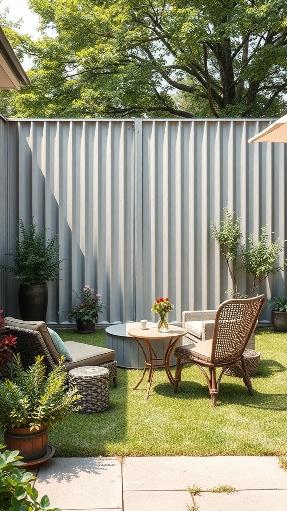 A cozy patio area with a corrugated metal fence, featuring comfortable seating and greenery.