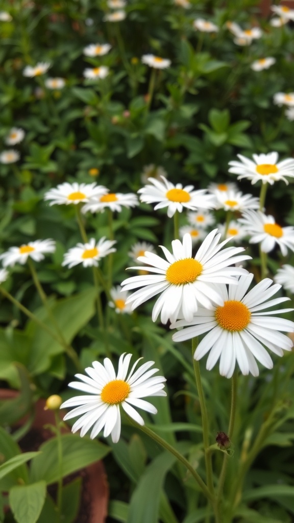 A cluster of Shasta daisies with white petals and yellow centers, surrounded by green foliage.