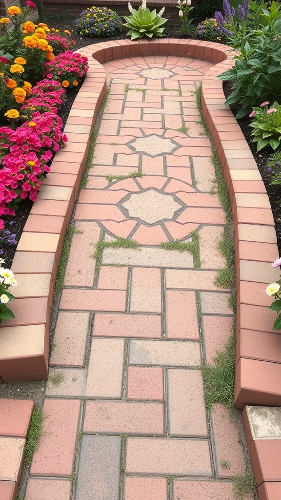 A garden pathway bordered with brick edging and colorful flowers on either side.