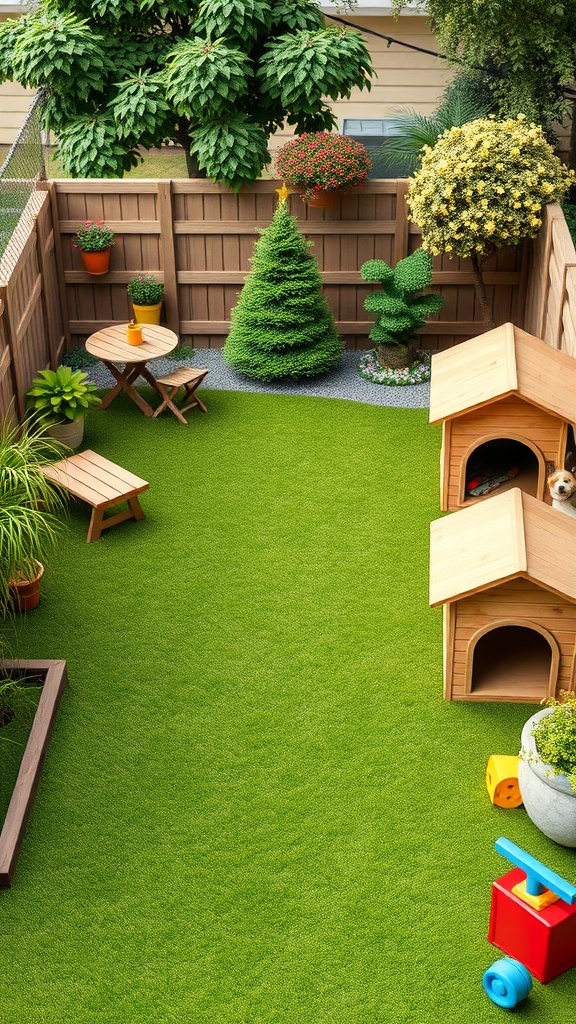 A pet-friendly backyard with artificial grass, dog houses, and potted plants.