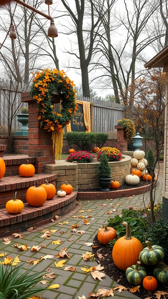 A beautifully decorated garden with brick edging, featuring pumpkins and autumn flowers.
