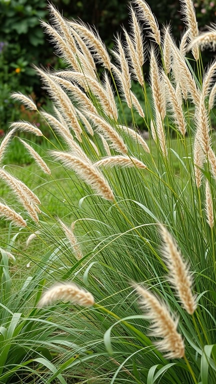Tall ornamental grasses with fluffy seed heads swaying in the breeze.
