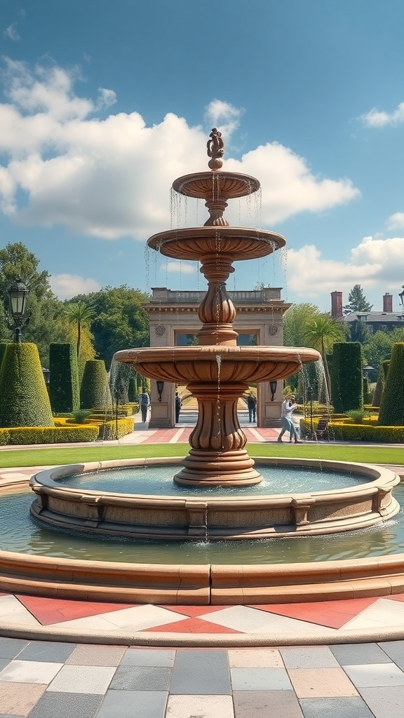 A beautiful tiered fountain in a garden setting with flowing water.