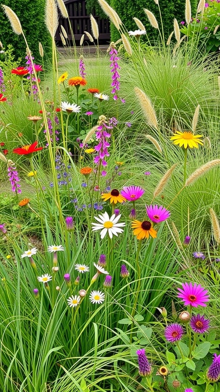 A colorful native plant landscape featuring various flowers and grasses.