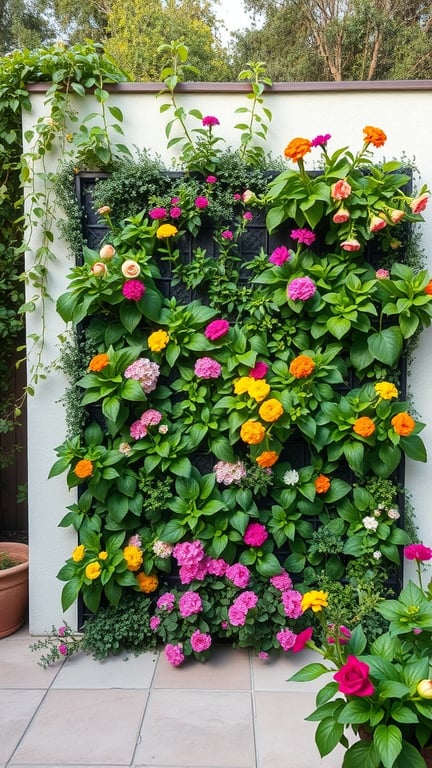 A vibrant vertical garden featuring colorful flowers on a wall.