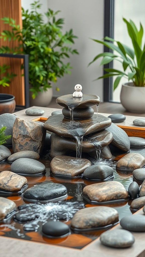 A serene water fountain made of stacked stones with flowing water, surrounded by smooth pebbles and greenery.