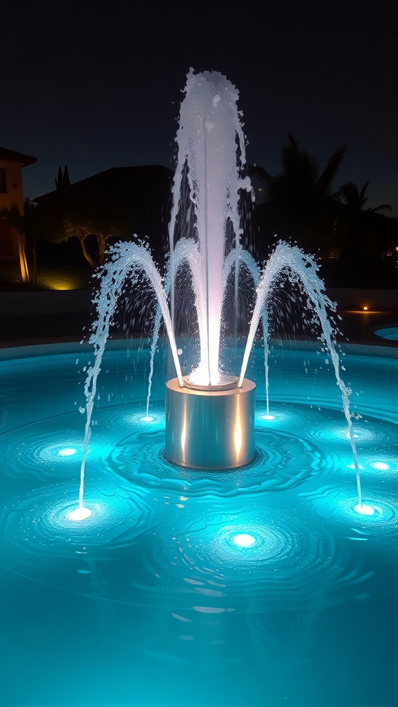 A beautifully illuminated water fountain with LED lights at night.
