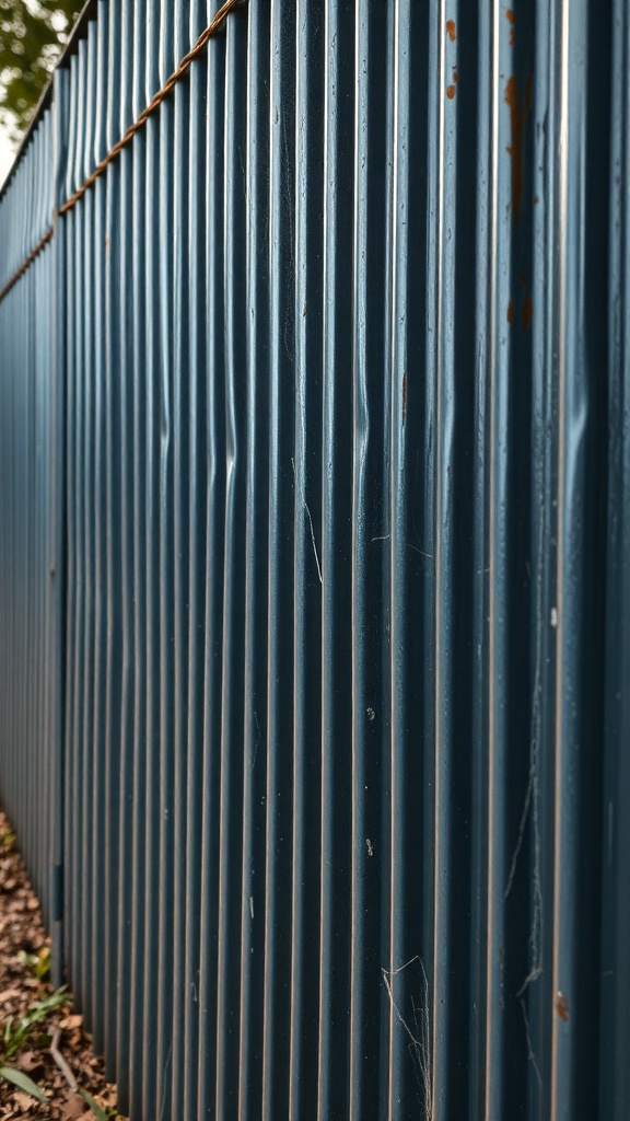 Close-up view of a blue corrugated metal fence with a textured surface