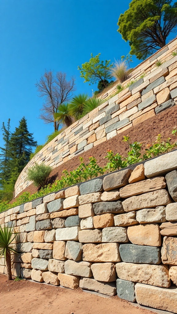A sustainable retaining wall made of various stones on a slope, surrounded by greenery.