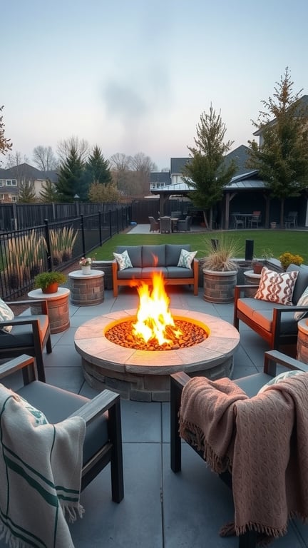 A cozy fire pit area with comfortable seating and a warm fire.