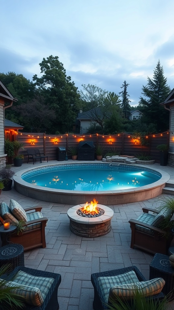 Cozy fire pit area next to an above-ground pool, with comfortable seating and warm lights.