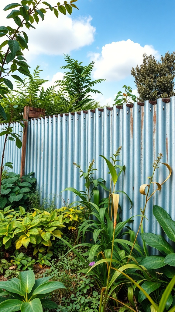 A corrugated metal fence surrounded by lush green plants under a blue sky.