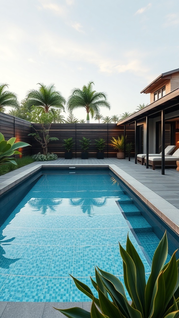 A beautiful eco-friendly backyard pool surrounded by plants and modern design.