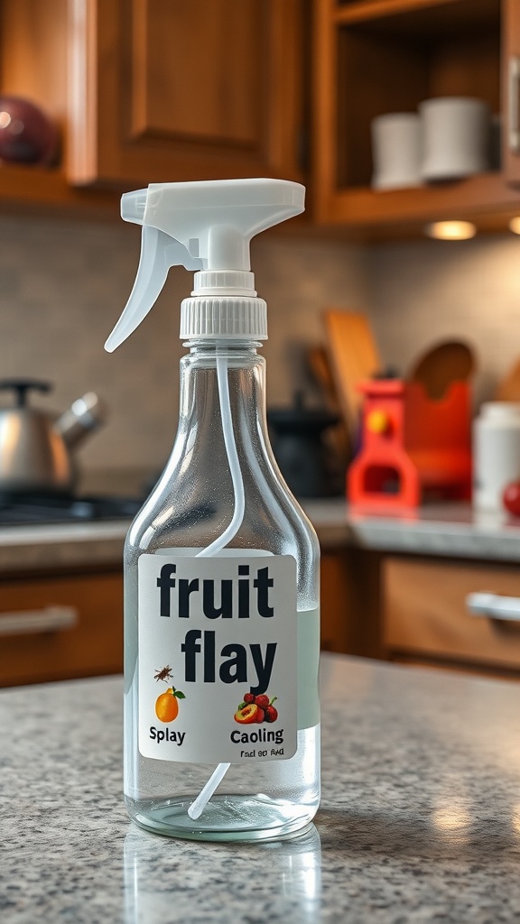 A clear spray bottle labeled 'fruit flay' on a kitchen countertop.