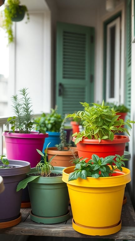Colorful pots filled with various herbs on a balcony