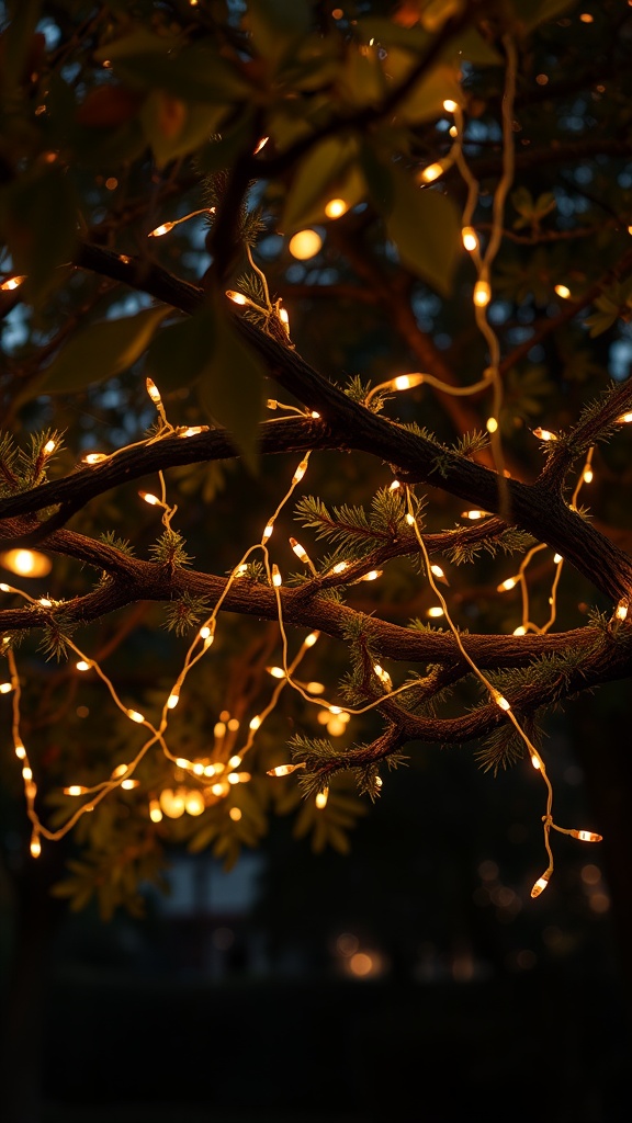 Decorative string lights wrapped around tree branches at night