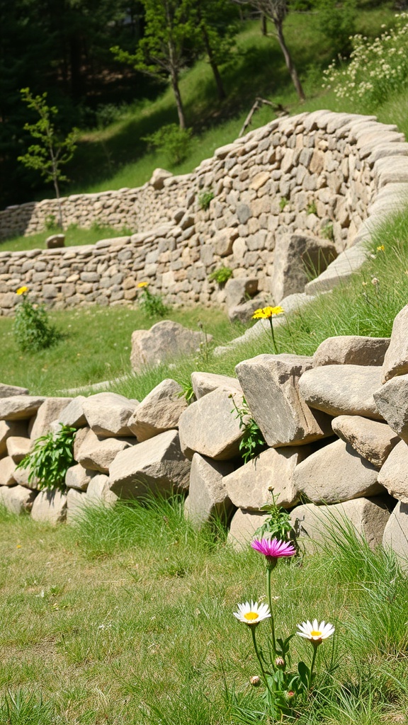 A boulder retaining wall on a slope with flowers and grass.