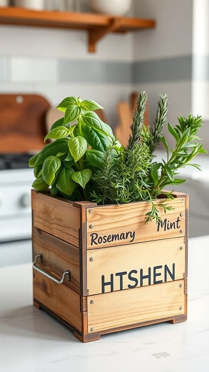 A wooden planter filled with fresh basil, mint, and rosemary herbs on a kitchen counter.