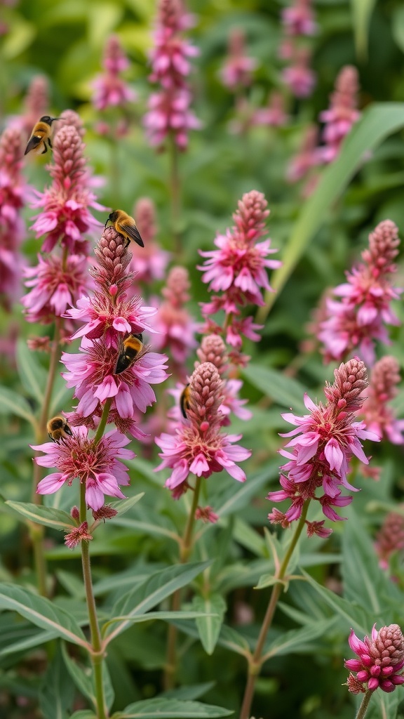 Bee Balm flowers with bees pollinating