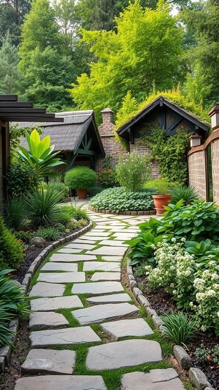 A beautiful herb garden featuring a stone pathway surrounded by lush greenery and plants.