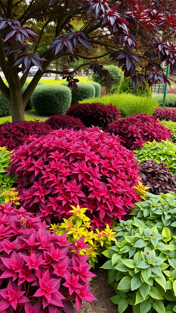 Colorful Heuchera plants in a garden setting with various shades of foliage.
