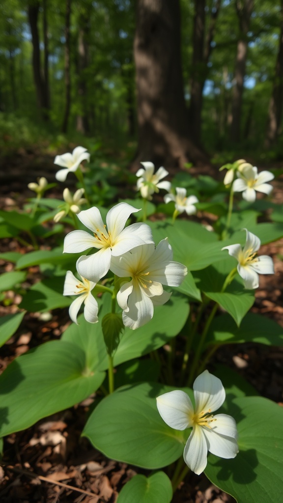 A cluster of Trillium flowers with white petals and green leaves in a forest setting.