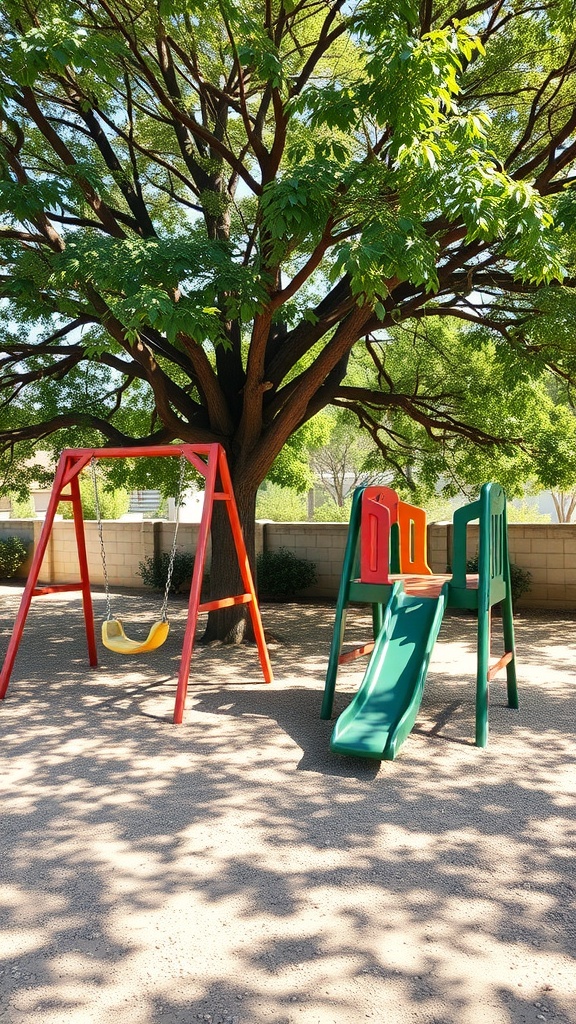 A colorful play area with a swing and slide under a large tree.