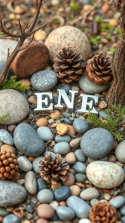 A collection of smooth stones, pinecones, and twigs arranged in a fairy garden setting.