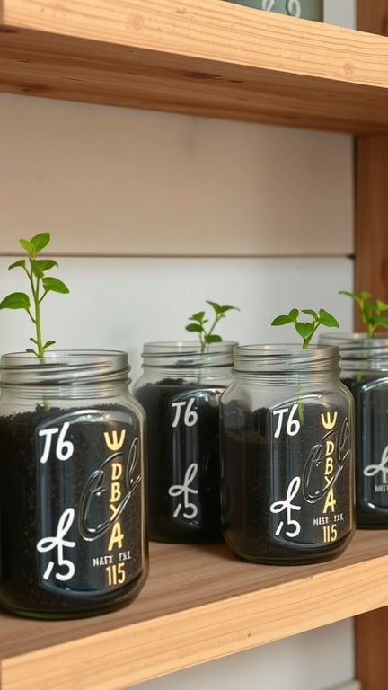 Mason jars with plants on a wooden shelf