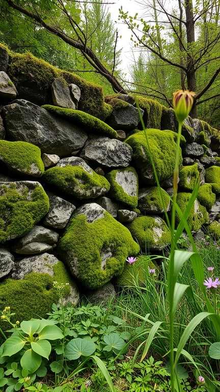 A moss-covered stone wall with green moss and flowers in front