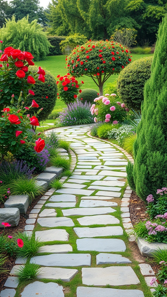 A decorative stone pathway surrounded by colorful flowers and greenery.