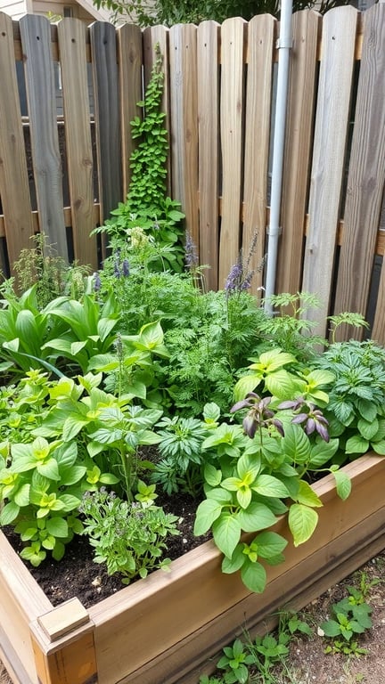 A raised bed garden filled with various herbs like basil, mint, and lavender, surrounded by a wooden fence.
