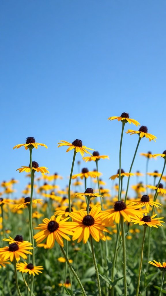 A field of Black-eyed Susans with bright yellow petals and dark centers against a clear blue sky.