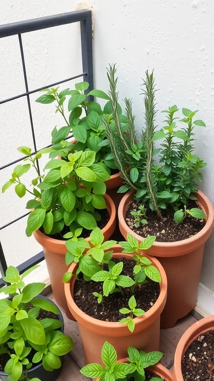 A collection of small herb plants in terracotta pots on a terrace.