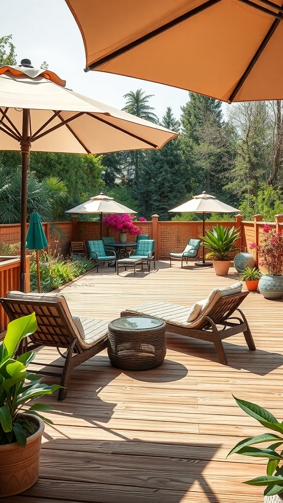 A sun deck featuring lounge chairs, umbrellas, and potted plants, creating a relaxing outdoor space.