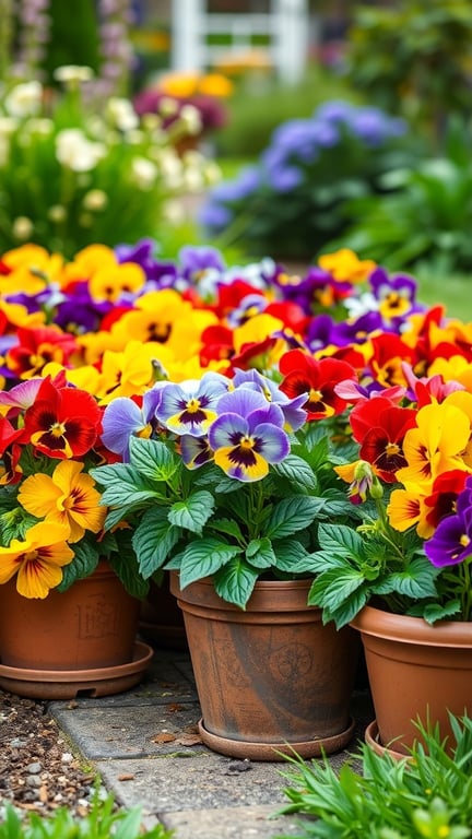Colorful potted pansies in terracotta pots, showcasing vibrant blooms in a garden setting.