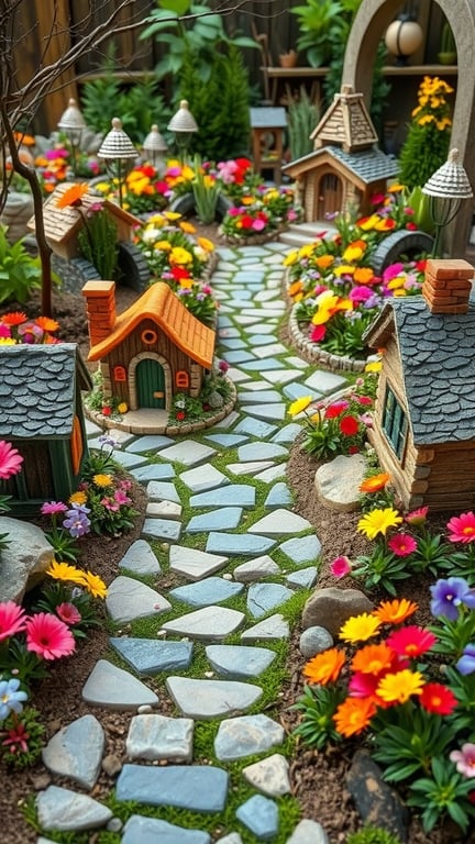 A whimsical miniature pathway surrounded by colorful flowers and tiny houses in a fairy garden.