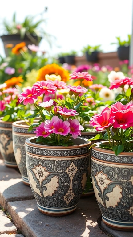 Ceramic pots with intricate designs filled with colorful flowers