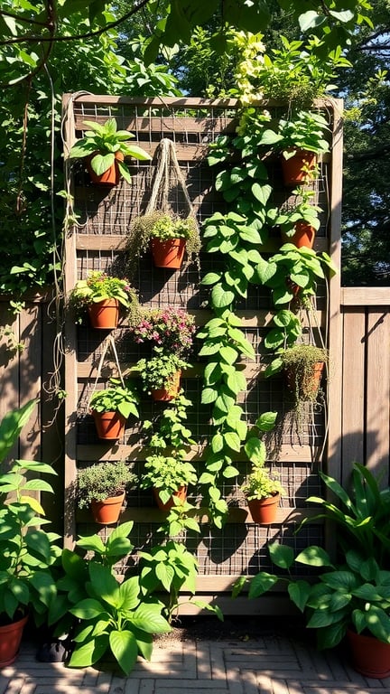 Vertical garden with potted plants on a wooden frame, showcasing various greenery and flowers.