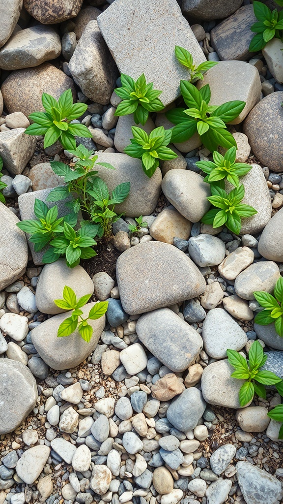 A rock garden featuring various green plants among stones.