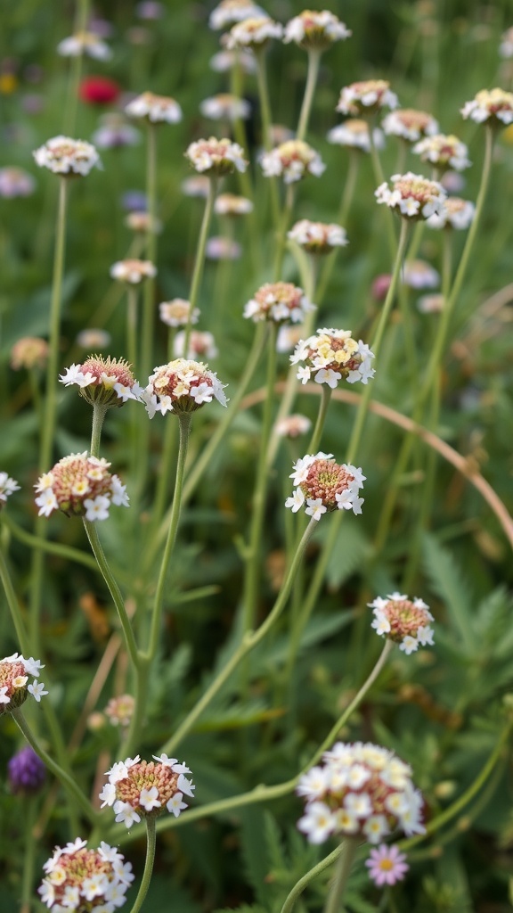 A field of yarrow flowers with white and yellow blooms on tall stems.