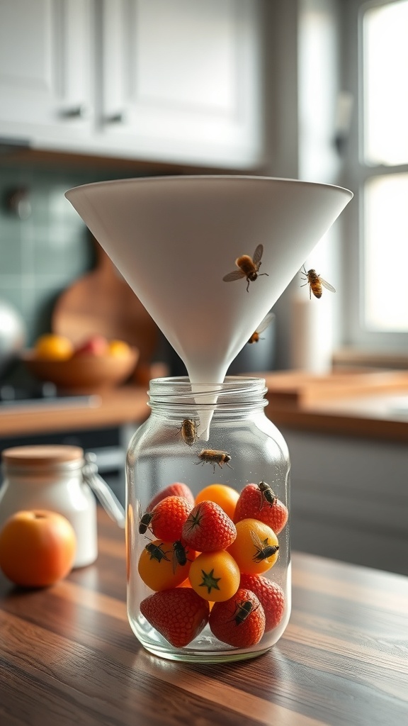 A homemade fruit fly funnel with a jar of fruits and flies buzzing around.