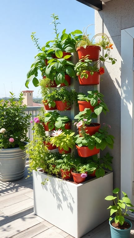 A vertical planter with terracotta pots filled with various plants on a terrace.