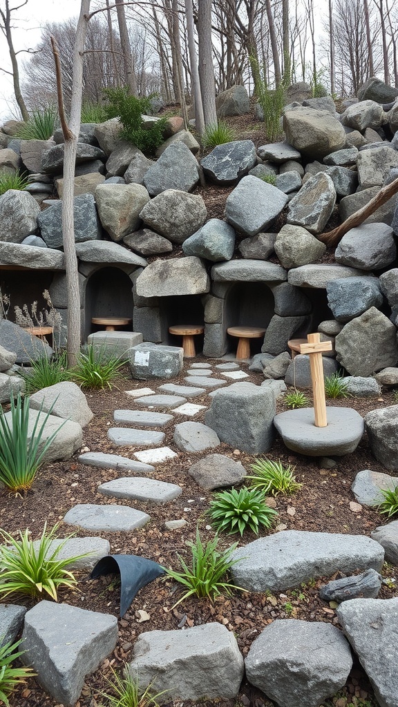 A rockery garden featuring large stones, small plants, and a pathway.