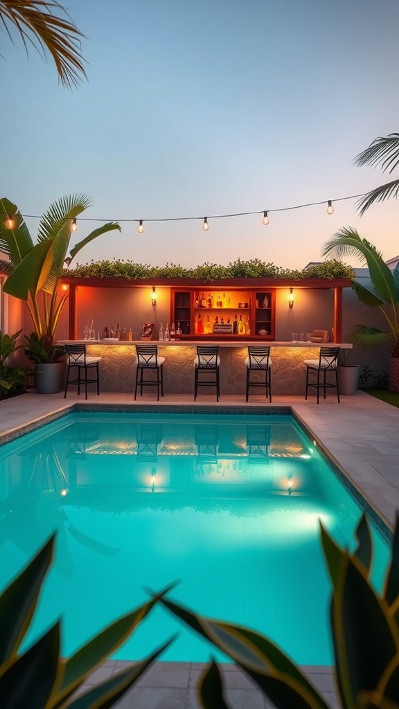 Stylish poolside bar setup with warm lighting and lush greenery