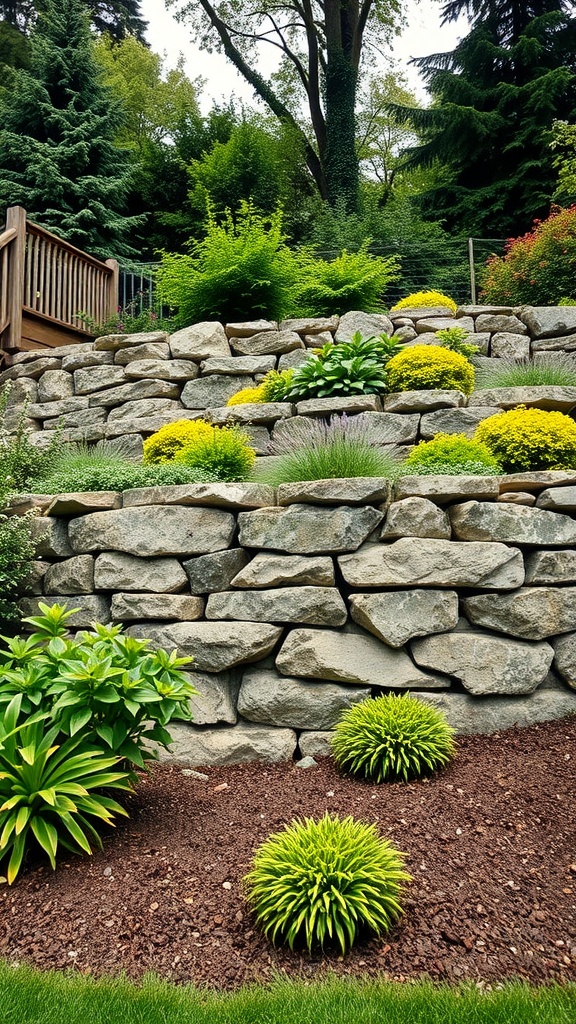 Natural stone retaining wall with colorful plants and greenery