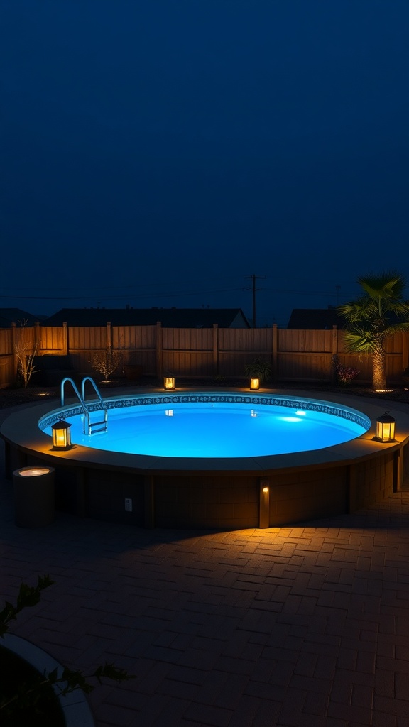 An above-ground pool illuminated at night with soft lighting and a serene atmosphere.